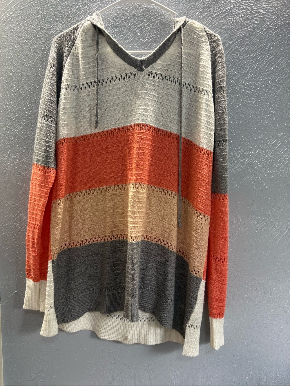 Striped V-Neck Hooded Sweater in Gray, Orange, Cream